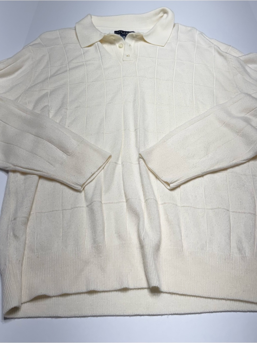 Men's V-Neck Cream Knit Polo Sweater